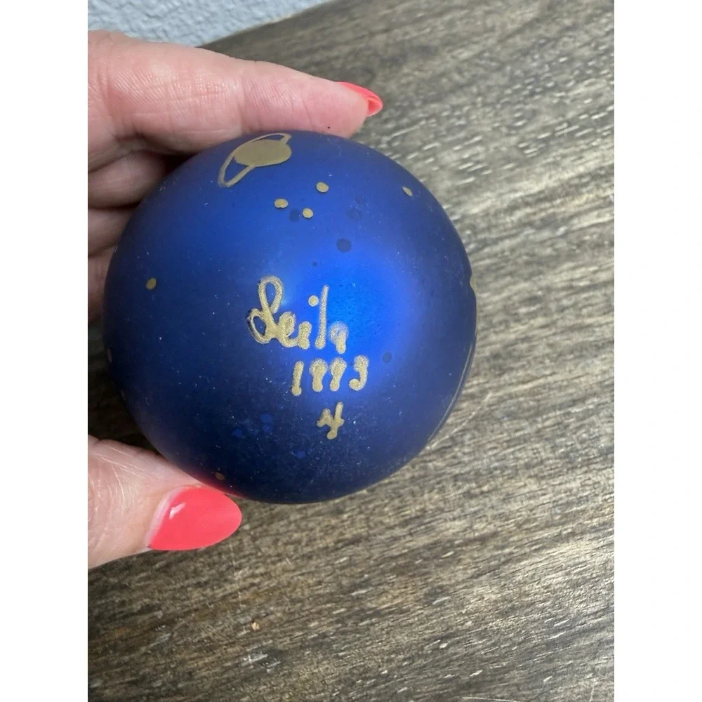 Signed Celestial Moon Stars Hand Painted Blue Glass Ornament Vintage 1993 Studio